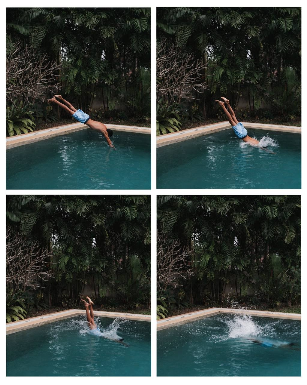 Коллаж у бассейна: ребёнок ныряет в воду, серия кадров
