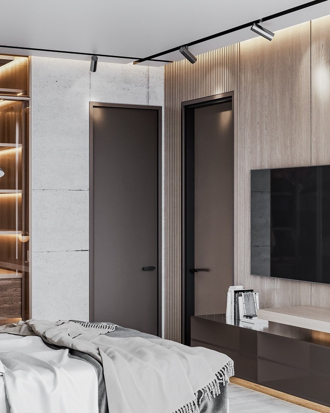 Спальня с мягкой кроватью, серыми дверями и встроенным освещением | Валерия Котович