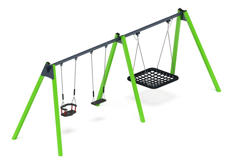 Качели М3 (зеленый) ИО 13.М.06.03.01.01-02.И1 Габариты (ШхДхВ): 5980х1630х2070 Зона безопасности, мм: 6000х7000 Возрастные ограничения от 3 лет, весом не более 70 кг