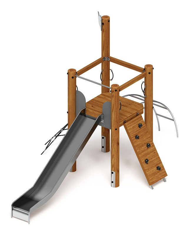 Игровой комплекс (лиственница темный) ДИК 2.24.01-Л.И1.01 Габариты (ШхДхВ): 3240х5100х3200 Зона безопасности, мм: 8100х6240 Высота падения 1400 мм. Возрастные ограничения от 5 до 12 лет.