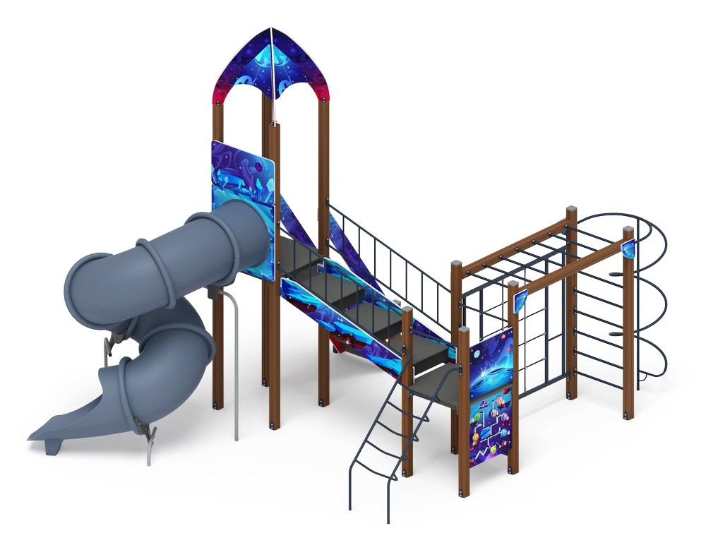 Космопорт (Космос) - ДИК 2.14.09-02 - Игровой комплекс H=2000                                                                                             Габариты (ШхДхВ): 6370x4900x5000                                                                                                                                                                       Зона безопасности, мм: 9370х8100                                                                                                                                                                     Скат горки: H=2000 (тоннельный винтовой скат)                                                                                                                                        Возрастные ограничения от 5 до 12 лет