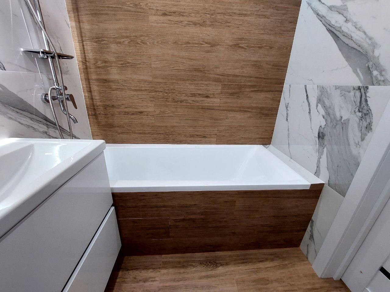 Ванная комната (ЖК Мечта, ул. Мансура Хасанова д. 13). Ремонт санузла, туалета, ванной под ключ в Казани. Укладка плитки