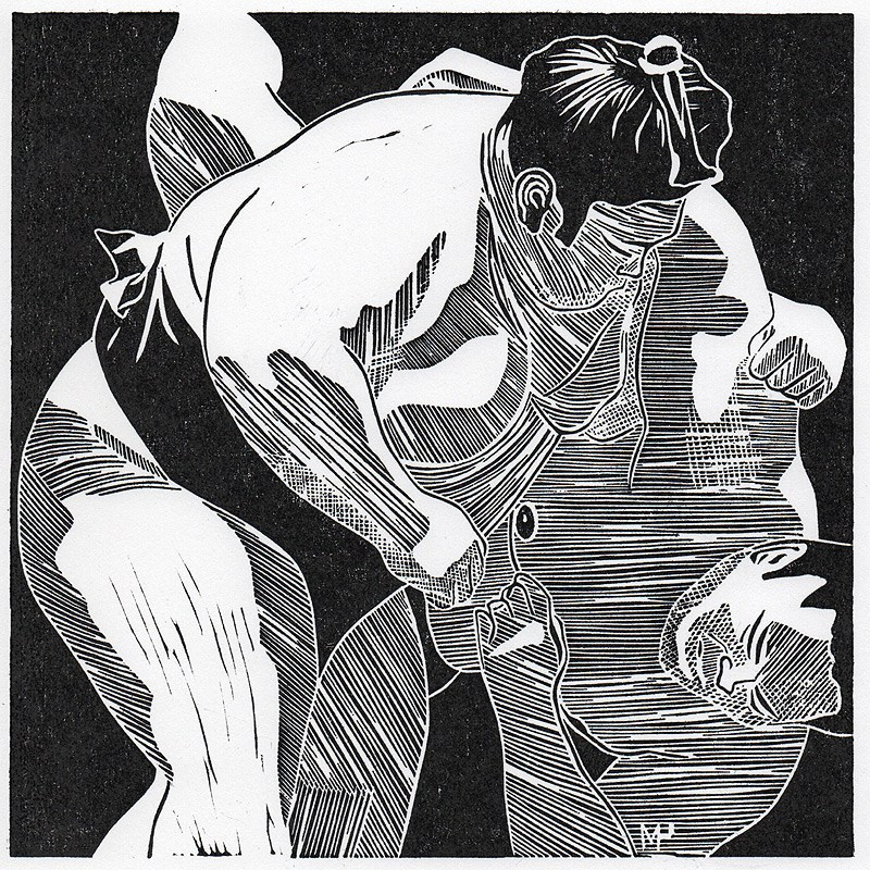 Серия линогравюр Grand Sumo Highlights  по мотивам турниров сумо. Авторская линогравюра, ручная печать на бумаге Ватман Гознак. 大相撲