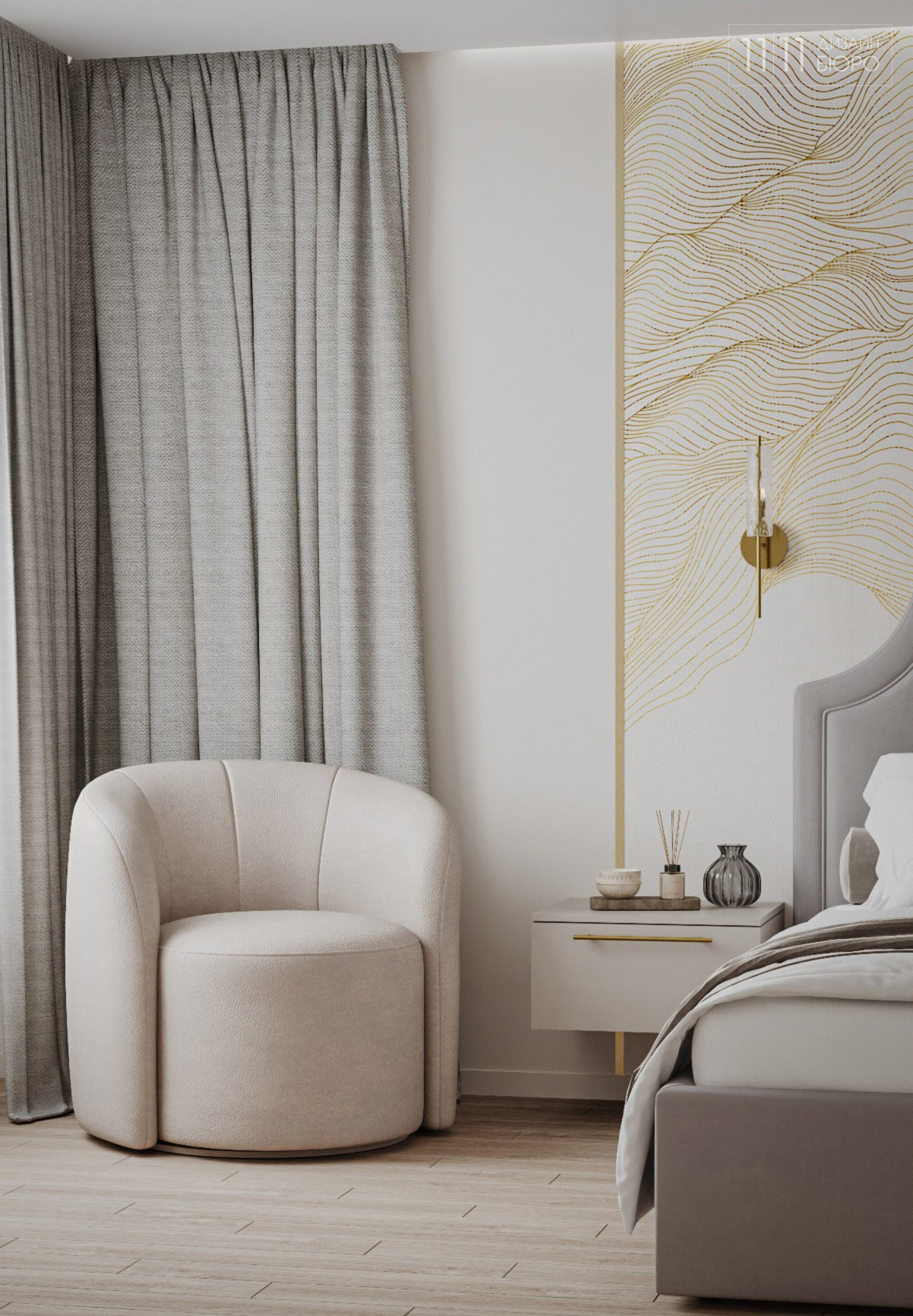 Мягкое светлое кресло в спальне