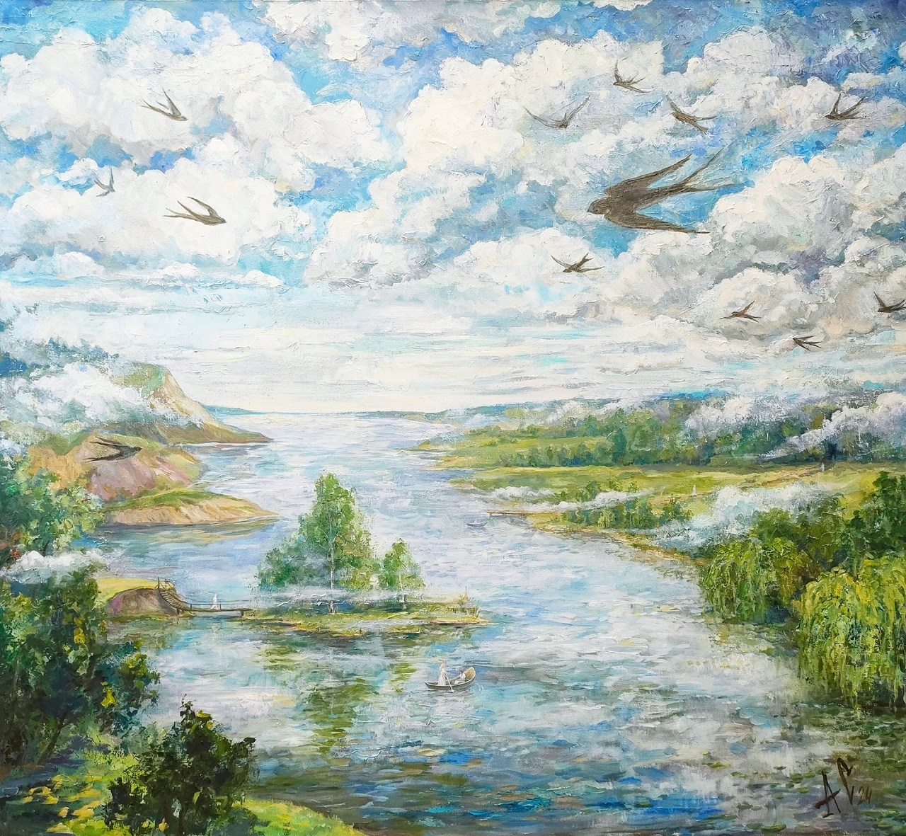 "Над переправой" 120х110, холст/масло/мастихин, 2023-2024.                                         