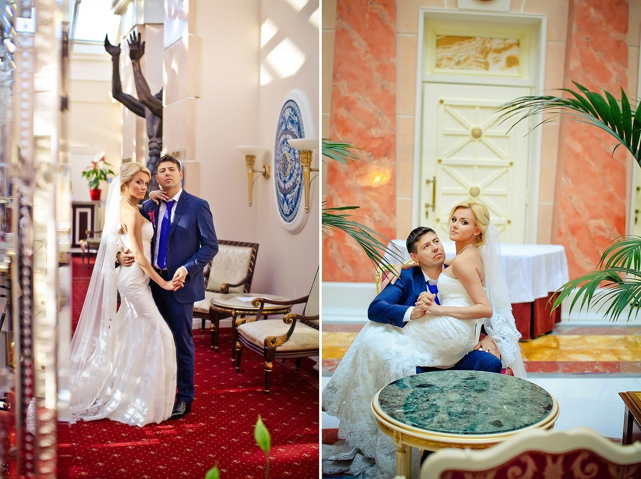 невеста в белом платье сидит на коленях жениха в холле пятизвездочного отеля