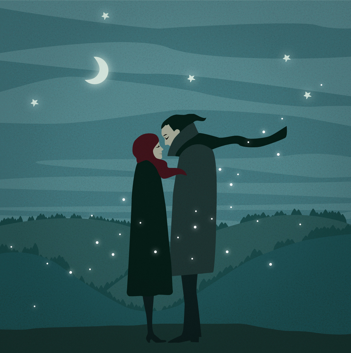 Романтичный минималистичный портрет пары под ночным небом с луной и звездами. Мужчина и женщина стоят, обнявшись, на фоне холмов. Идеальный подарок на годовщину свадьбы или День святого Валентина. Заказать иллюстрацию для влюбленных, арт-портрет пары по фото, романтический постер для интерьера.