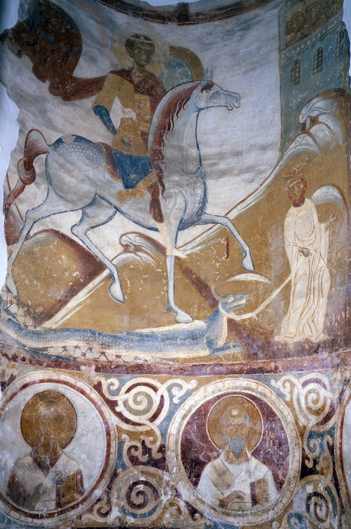 Георгий Победоносец. Фреска в Георгиевском соборе. 12 век