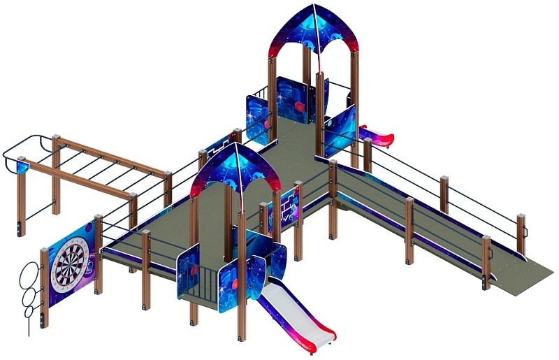 Забота Космопорт (космос) горка Н 750 ДОВ 20.14.01-01 Габариты (ШхДхВ): 7820х8750х3490 Зона безопасности, мм: 10820х12250 Скат горки: H=750 (металлический скат)