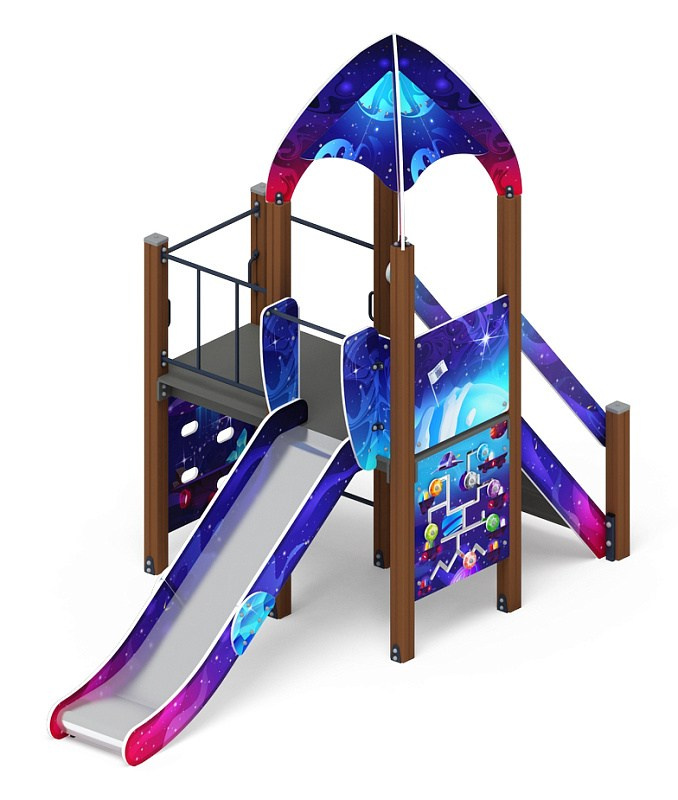 Космопорт (Космос) - ДИК 2.14.08-02 - Игровой комплекс H=1200                                                                                                    Габариты (ШхДхВ): 4075x1900x3500                                                                                                                                                                       Зона безопасности, мм: 7575х4900                                                                                                                                                                     Скат горки: H=1200 (металлический скат)                                                                                                                                         Возрастные ограничения от 5 до 12 лет