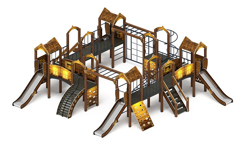 Остров детства (ЭКО) - ДИК 2.01.8.01-02 - Игровой комплекс H=1200                                                                                              Габариты (ШхДхВ): 9100x10700x3000                                                                                                                                                                   Зона безопасности, мм: 12600х14700                                                                                                                                                                     Скат горки: H=1200 (металлический скат)