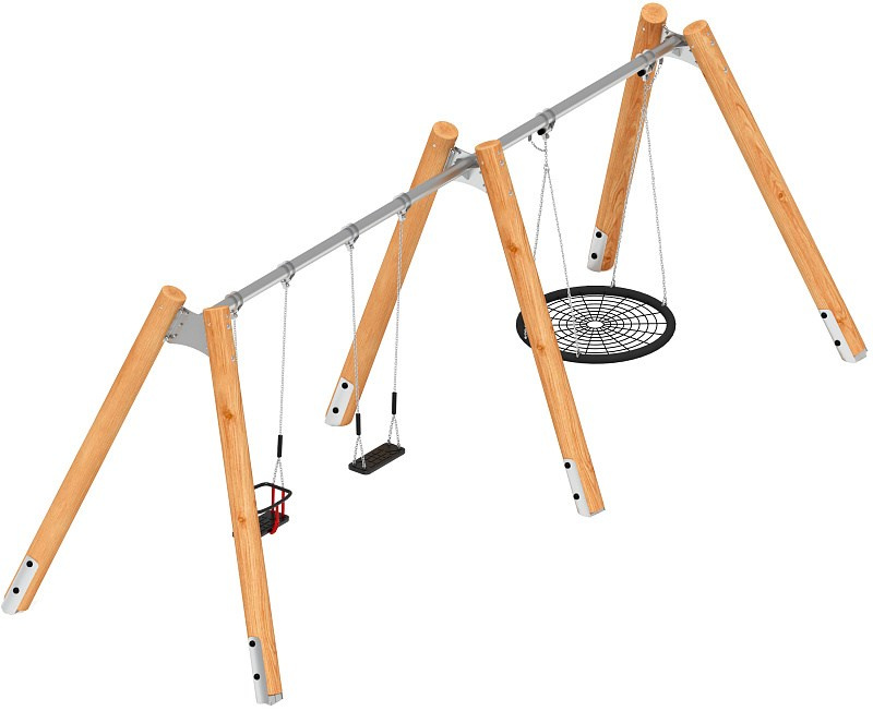 Качели (Лиственница) ИО 13.Р.05.03.04.01-Л.И2 Габариты (ШхДхВ): 6600х2250х2470 Зона безопасности, мм: 6600х7500 Возрастные ограничения от 3 лет