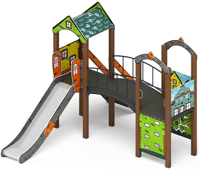 Рада (Город) - ДИК 2.01.2.05-01 - Игровой комплекс H=1200                                                                                                                    Габариты (ШхДхВ): 4080x3510x3000                                                                                                                                                                       Зона безопасности, мм: 7580х6510                                                                                                                                                                  Скат горки: H=1200 (металлический скат)