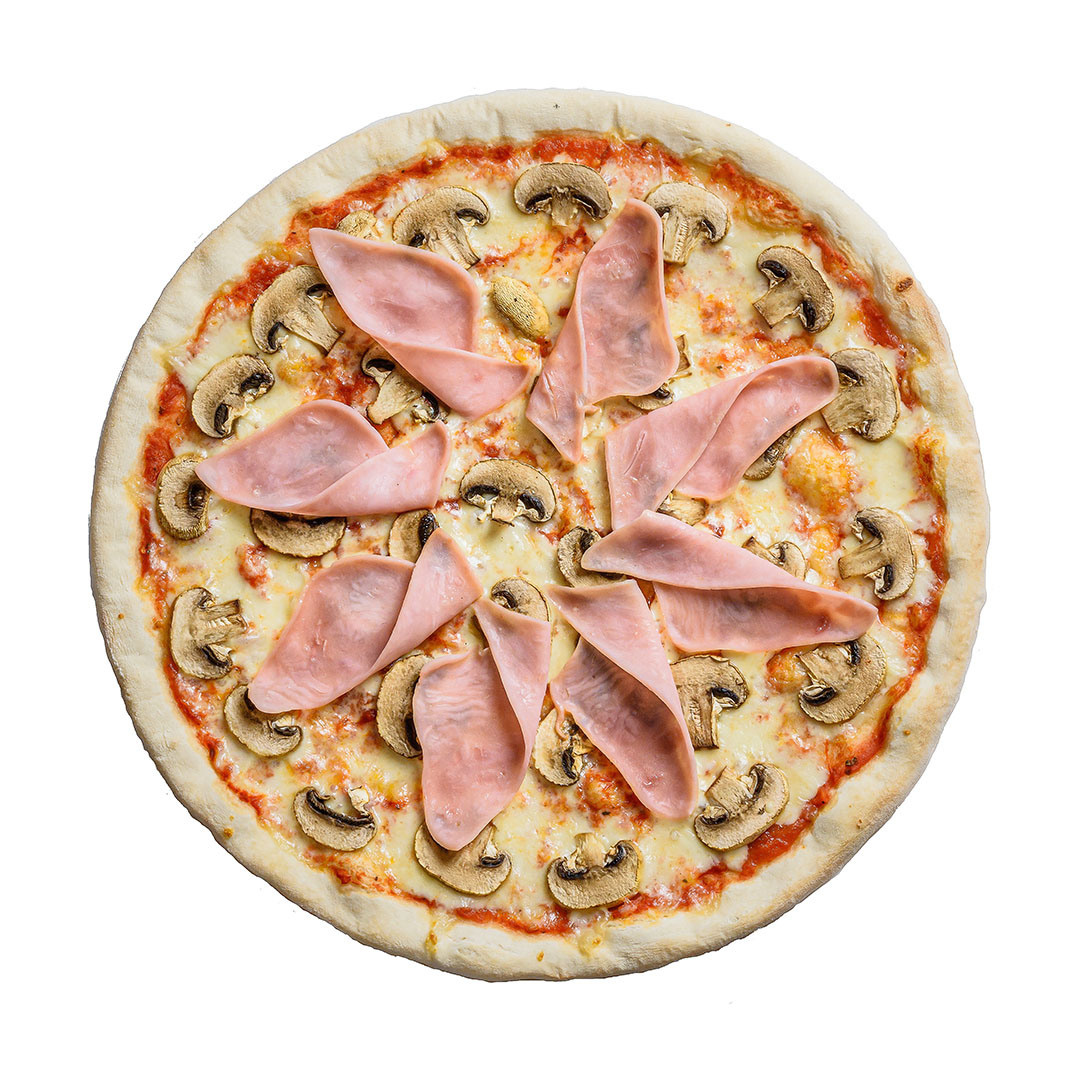 фуд фото,  предметная фотосессия, итальянская кухня, пицца с ветчиной на белом фоне