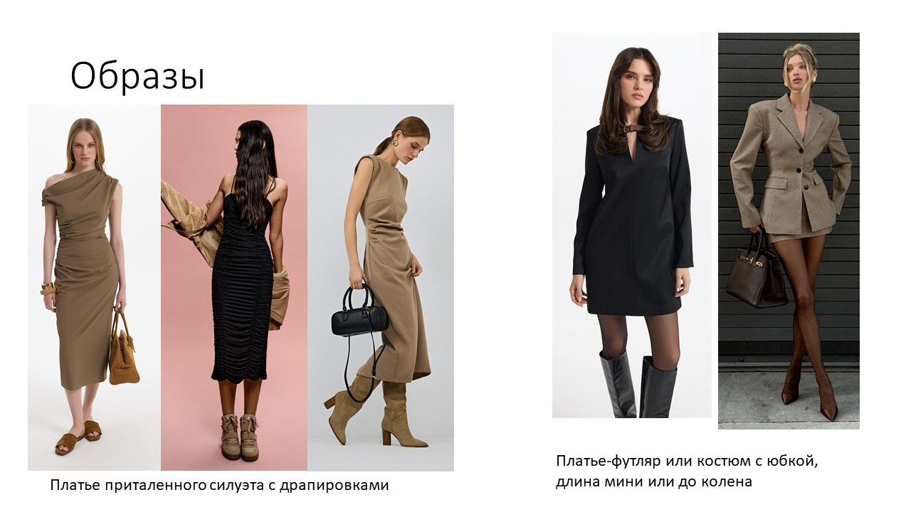 На изображении представлены различные образы женской одежды. В верхней части изображения написано слово "Образы". Под ним расположены четыре фотографии женщин в разных нарядах. Первая женщина слева одета в платье приталенного силуэта с драпировками и держит в руке коричневую сумку.Вторая женщина одета в бежевое платье с длинными рукавами и держит в руке черную сумку.Третья женщина одета в черное платье с длинными рукавами и держит в руке коричневую сумку.Четвертая женщина одета в светло-коричневый костюм с юбкой и держит в руке коричневую сумку.Под фотографиями расположены подписи:Под первой и второй фотографиями: "Платье приталенного силуэта с драпировками".Под третьей и четвертой фотографиями: "Пальто-футляр или костюм с юбкой, длина мини или до колена".
