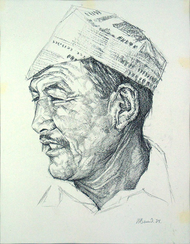 Портрет узбекского колхозника.1974.Угольн.кар.