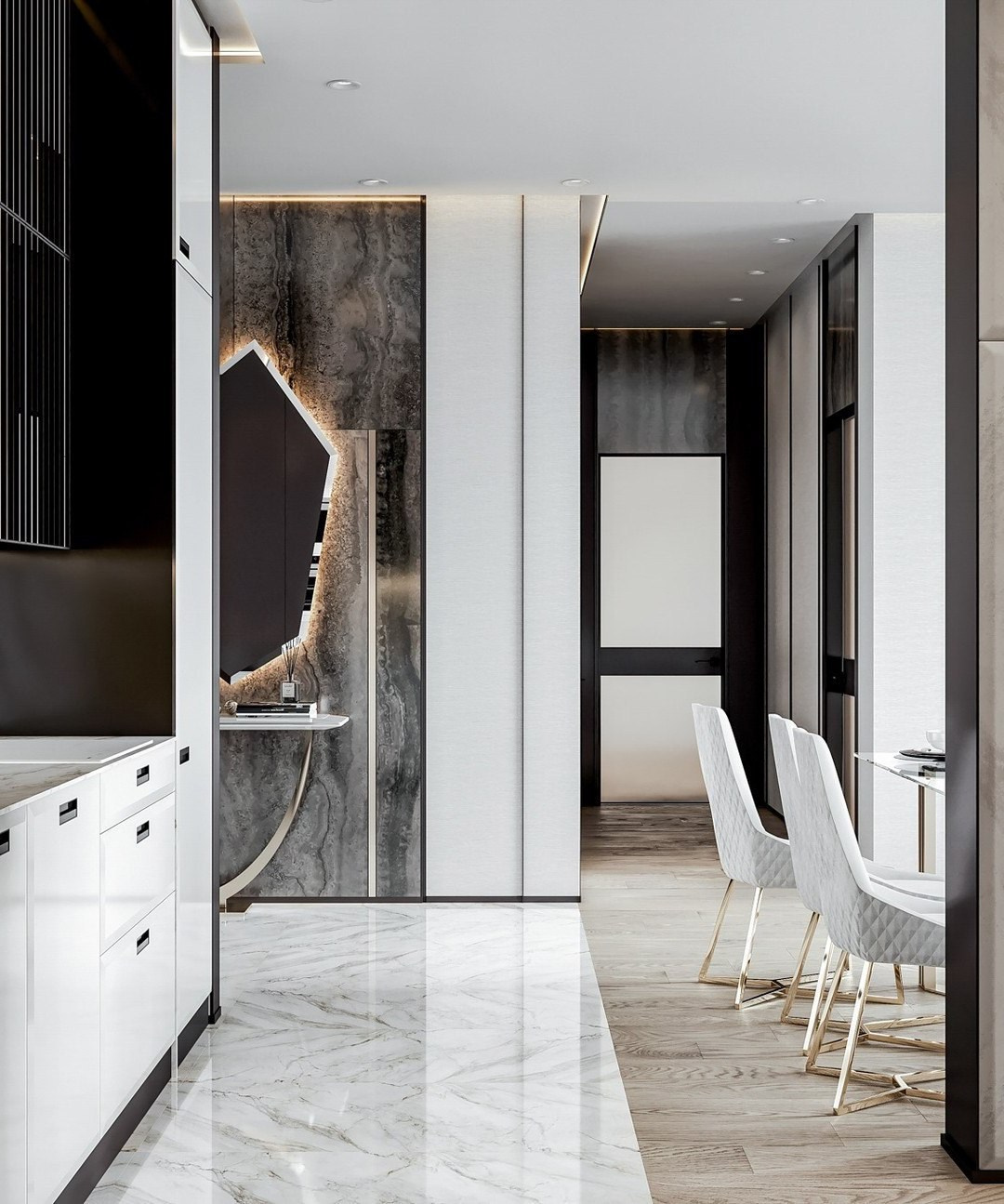 Кухня-столовая в современном стиле с мраморным полом и белыми фасадами | Валерия Котович