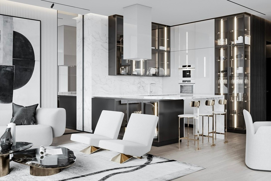 Современная кухня-гостиная с барной зоной и стеклянными витринами — проект Валерии Котович