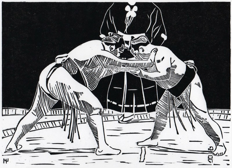 Серия линогравюр Grand Sumo Highlights  по мотивам турниров сумо. Авторская линогравюра, ручная печать на бумаге Ватман Гознак. 大相撲