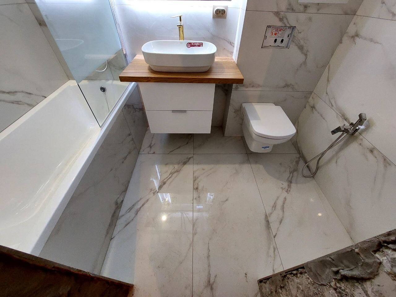 Ванная комната (ул. Ленская д. 10). Ремонт санузла, туалета, ванной под ключ в Казани. Укладка плитки