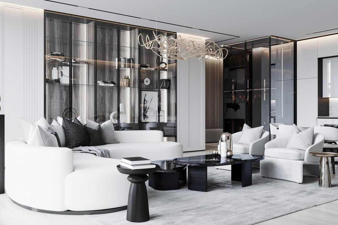 Гостиная в современном стиле с белым диваном и стеклянными перегородками — интерьер Валерии Котович