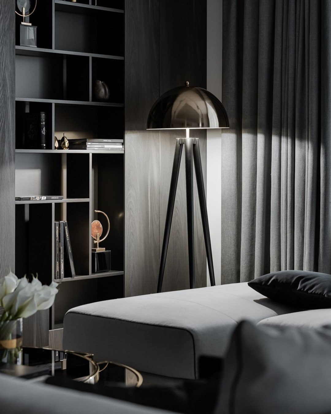 Современная лаунж-зона с торшером и открытым стеллажом в темных тонах | Валерия Котович
