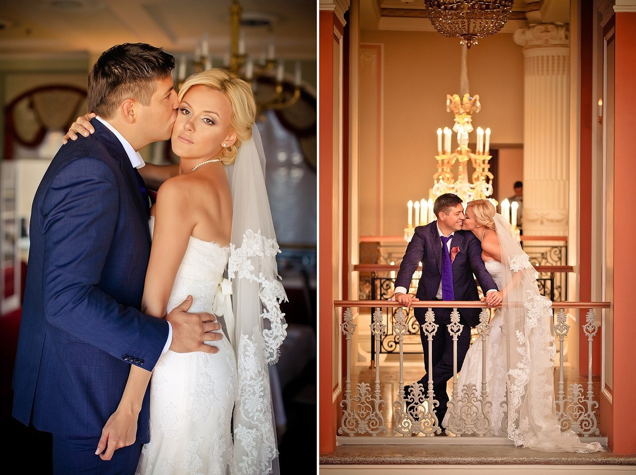невеста в роскошной фате целует жениха на фоне огромной хрустальной люстры