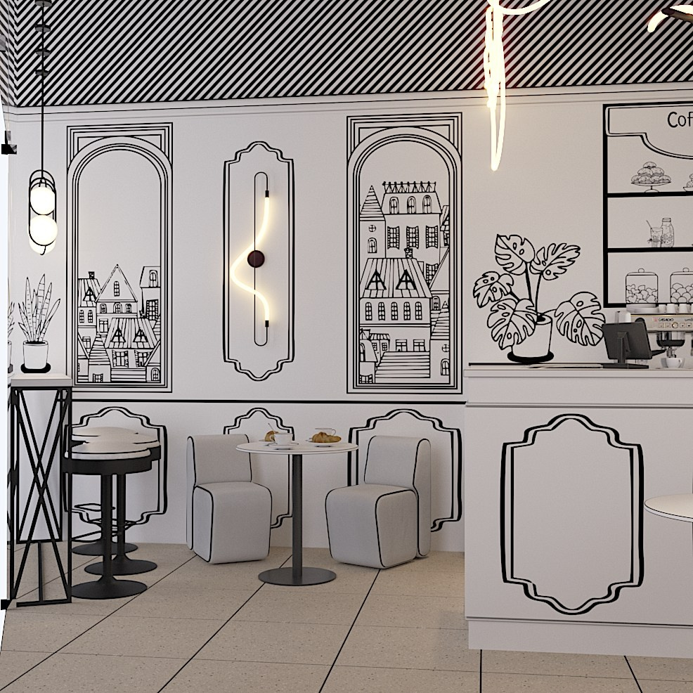 Кофейня в графичном стиле. Студия дизайна FishkaRom в Краснодаре и по всей России