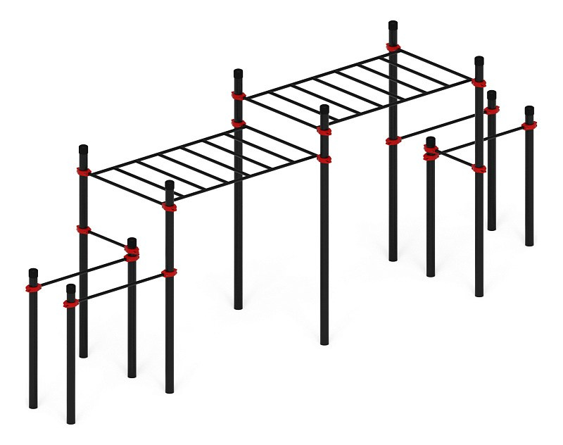 Воркаут 108 красный ВТ 12.26-01 Габариты (ШхДхВ):7080х1520х2600 Зона безопасности, мм:10080х4520 Возрастные ограничения от 14 лет, весом не более 100 кг