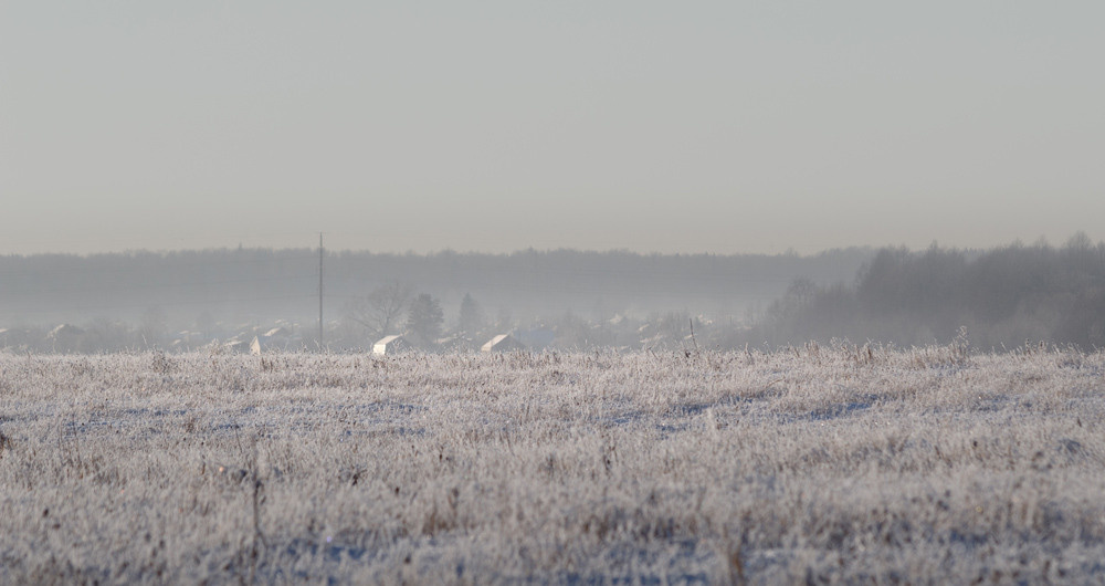 Пейзаж, поле и несколько домиков в далеке.