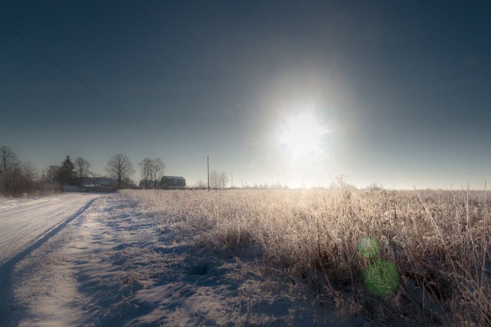 Пейзаж, дорога в поле, несколько домиков на горизонте и светит яркое солнце.