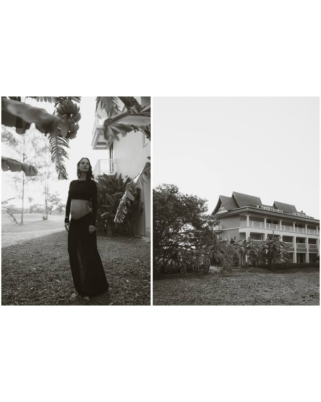 Девушка у виллы в чёрно-белом коллаже