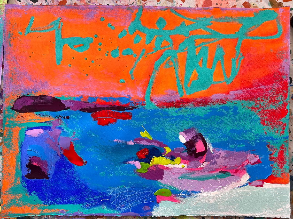 barcelona art City Light 57×77 cmTécnica: Acrílico sobre papel Abstracción en tonos intensos inspirada en la atmósfera luminosa de Barcelona Precio 250€ venda продажа картин барселона город арт абстракция