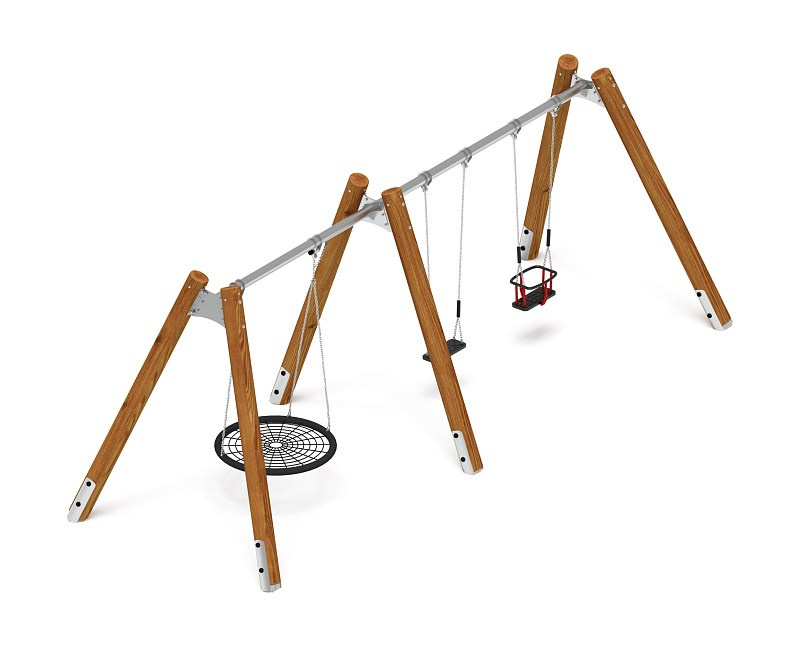 Качели (Лиственница темный) ИО 13.Р.05.03.04.01-Л.И2.01 Габариты (ШхДхВ): 6600х2250х2470 Зона безопасности, мм: 6600х7500 Возрастные ограничения от 3 лет