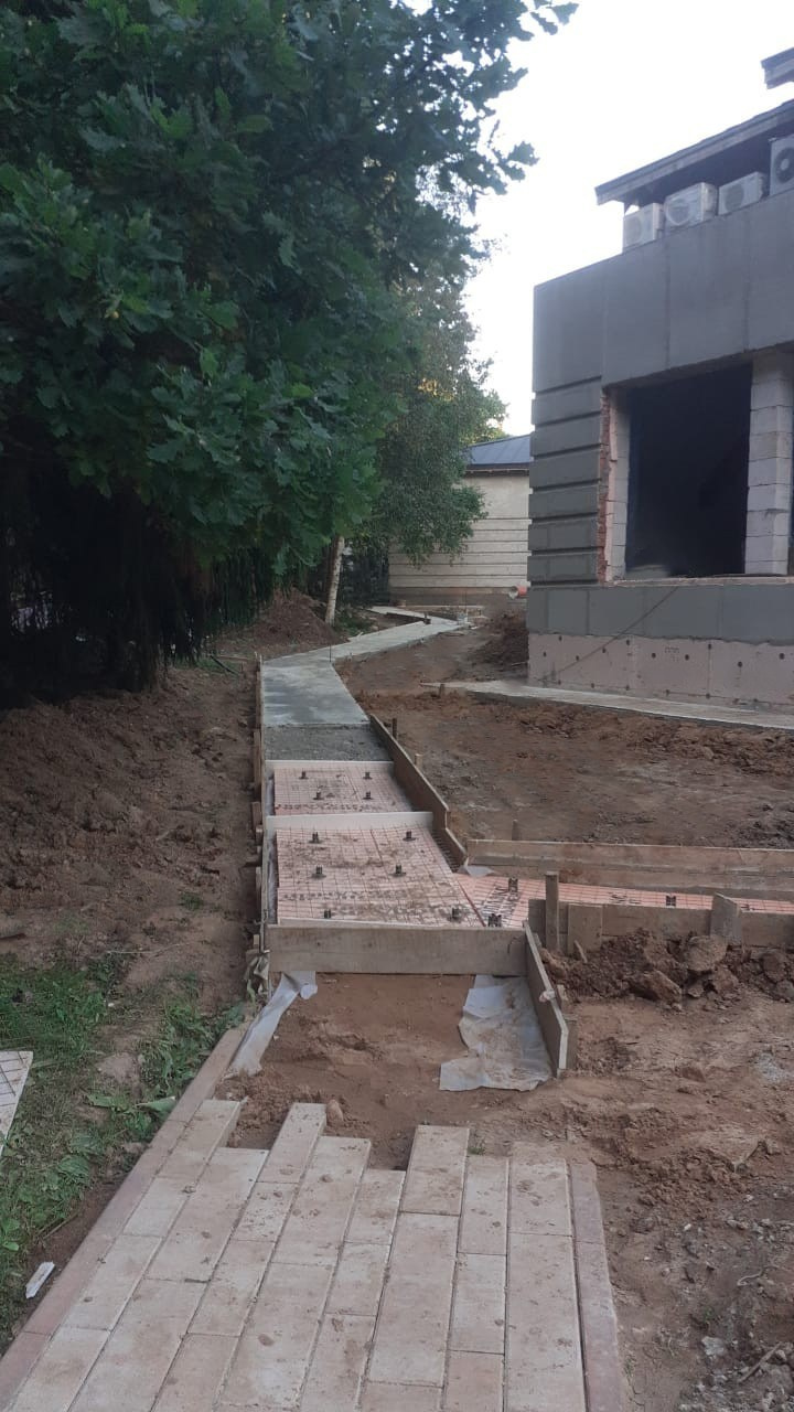 Устройство основания под бетонные дорожки — песчаная подушка и геотекстиль.