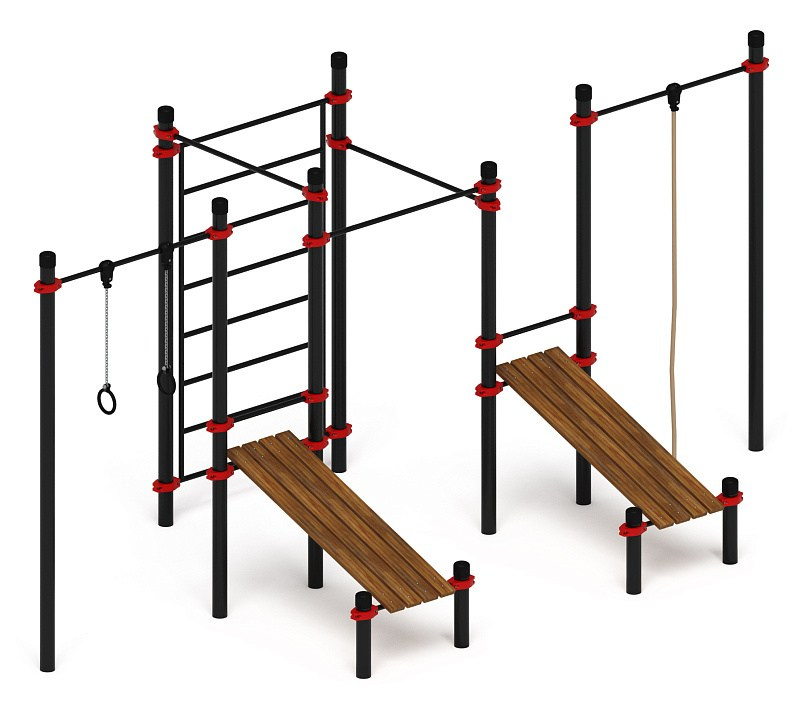 Воркаут 108 красный ВТ 12.18-01 Габариты (ШхДхВ):5760х2840х2600  Зона безопасности, мм:8760х5840 Возрастные ограничения от 14 лет, весом не более 100 кг