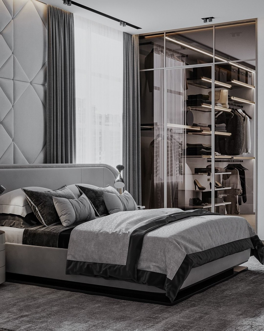 Спальня с мягким изголовьем и гардеробом за стеклянными дверями | Валерия Котович