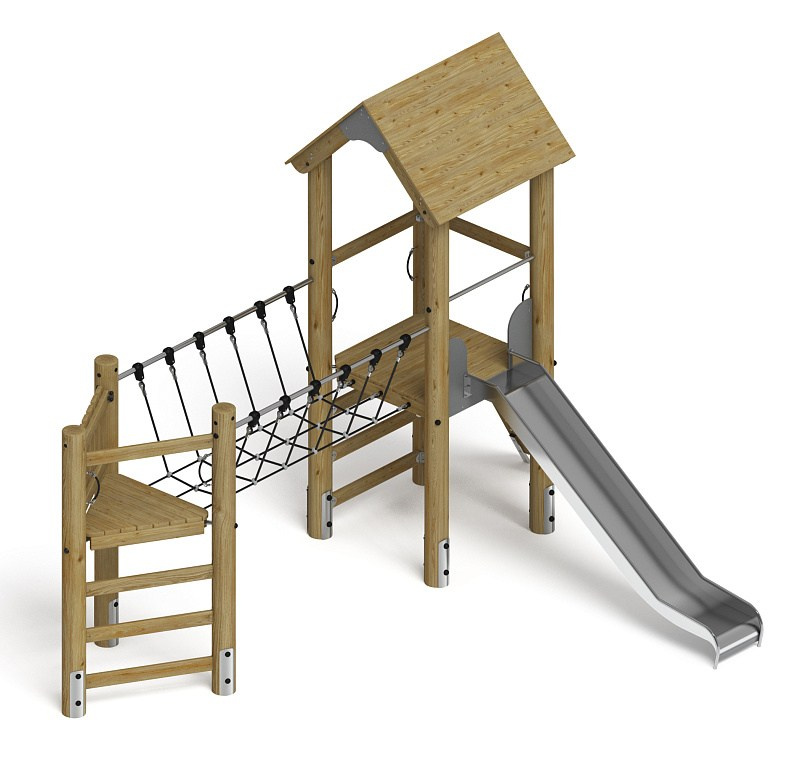 Игровой комплекс (лиственница орех) ДИК 2.24.05-Л.01.И1.02 Габариты (ШхДхВ): 3830х5360х3900 Зона безопасности, мм: 7330х8360 Высота падения 1400 мм. Возрастные ограничения от 5 до 12 лет.