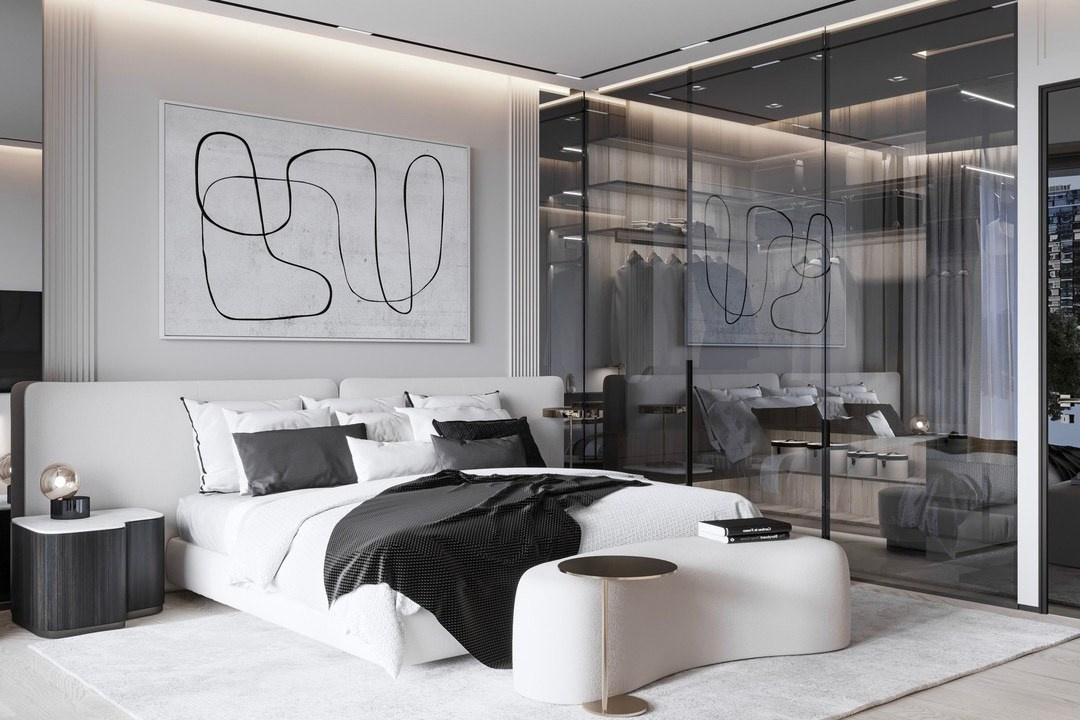 Современная спальня с гардеробной за стеклянной перегородкой — дизайн Валерии Котович