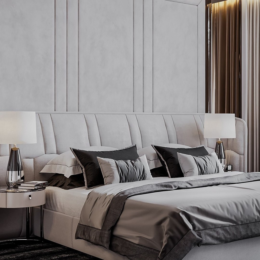Спальня с мягким изголовьем, серыми подушками и лампами на тумбах | Валерия Котович
