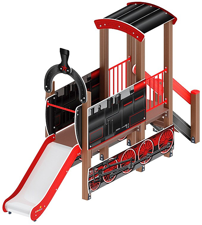 Паровозик (черный) мини - ДИК 1.03.5.01-11 - Игровой комплекс H=750                                                                                                                          Габариты (ШхДхВ): 3980x930x2320                                                                                                                                                                     Зона безопасности, мм: 7480х3930                                                                                                                                                                         Скат горки: H=750 (металлический скат)