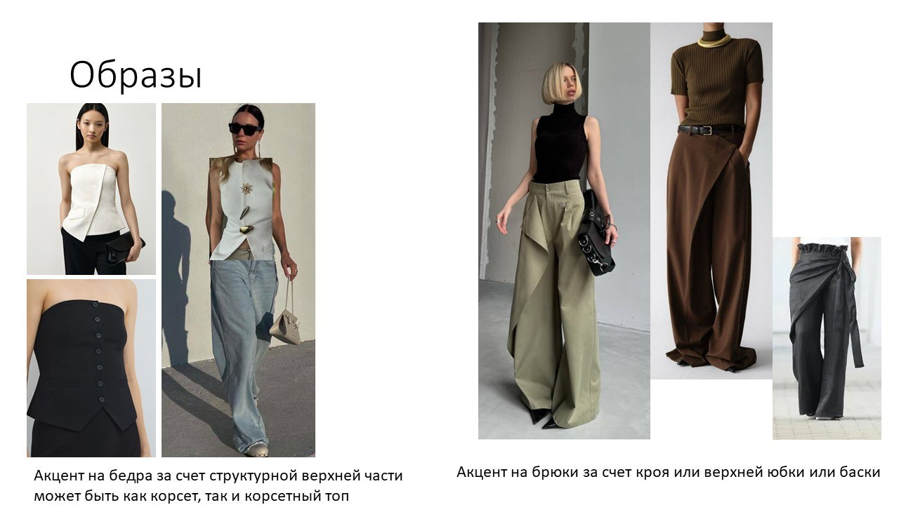 На изображении представлены различные стили одежды с акцентом на определенные элементы. В верхней части изображения написано "Образы". Под каждым изображением есть описание:Слева: "Акцент на бедра за счет структурной верхней части может быть как корсет, так и корсетный топ".Справа: "Акцент на брюки за счет кроя или верхней юбки или баски".Изображения демонстрируют разные стили одежды, включая платья, топы и брюки.