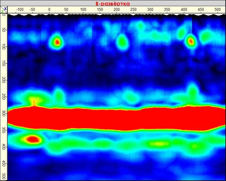 B-томограмма участка железобетонных конструкций стен, выполненных из армоопалубочных блоков с несъемной опалубкой из сталефибробетонных плит,толщиной 30 мм.