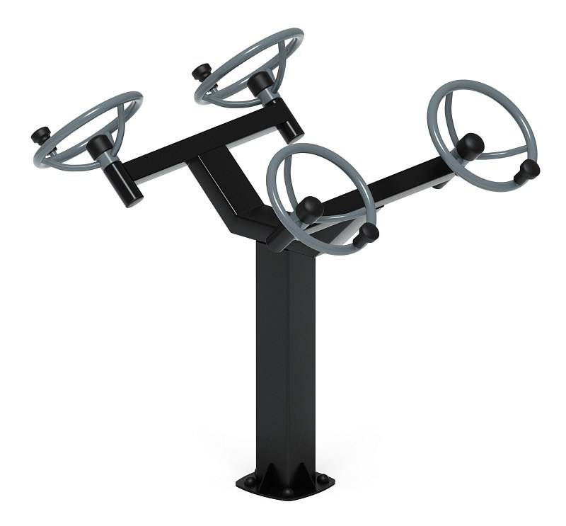 Рули (положение сидя) серый - Уличный тренажер - СТ 102-13 Габариты (ШхДхВ): 1090х1015х1140 Зона безопасности, мм: 4095х2665 Оборудование предназначено для подростков в возрасте от 14 лет и взрослых, весом не более 100 кг.