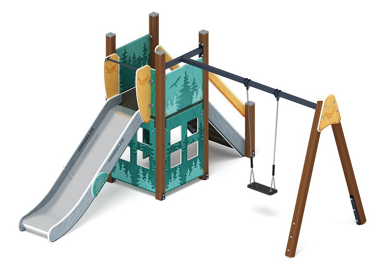 Счастливое детство (Тайга) - ДИК 2.01.01-03 - Игровой комплекс H=1200                                                                                          Габариты (ШхДхВ): 4080x3830x2500                                                                                                                                                                      Зона безопасности, мм: 8110х5330                                                                                                                                                                     Скат горки: H=1200 (металлический скат)