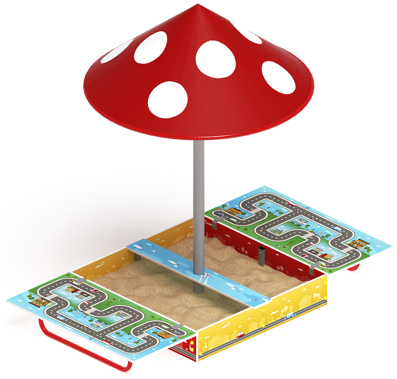 Песочница с крышкой средняя и навесом Грибок (Игра) - ИО 5.01.10-02 Габариты (ШхДхВ): в закрытом виде 1200х1240х2100 в открытом виде 2380х1200х2100 Зона безопасности, мм: 3380х2200