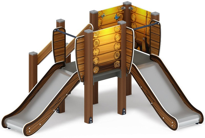 Горка двойная Малыш (Эко) - ИО 41.01.02-02 - Н=750 Габариты (ШхДхВ): 2670x2690x1500 Зона безопасности, мм: 6190х6170  Скат горки: H=750 (металлический скат) Возрастные ограничения от 3 до 10 лет