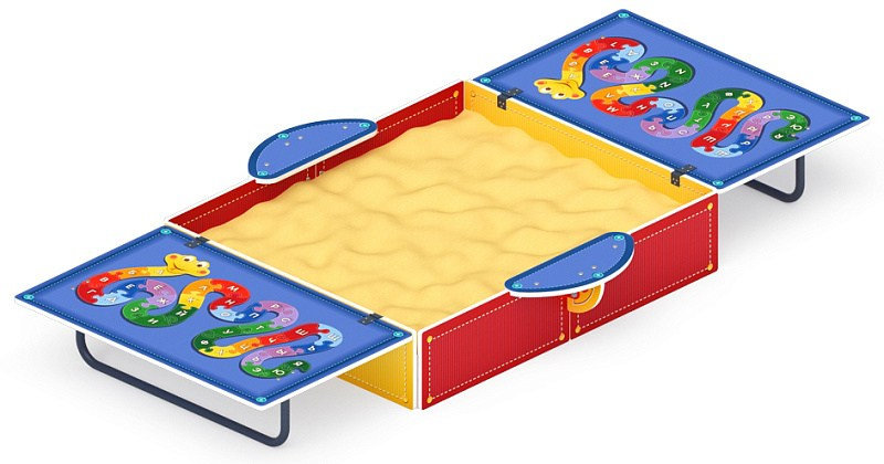 Песочница с крышкой средняя (Азбука) - ИО 5.01.11-05 Габариты (ШхДхВ): в закрытом виде 1500х1500х650 в открытом виде 2990х1500х300Зона безопасности, мм: 3990х2500