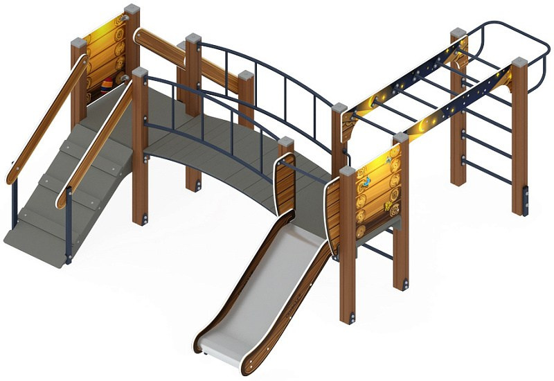 Карапуз (Эко) - ДИК 1.001.05-02 - Игровой комплекс Н=750                                                                                                               Габариты (ШхДхВ): 3910x3060x1600                                                                                                                                                                     Зона безопасности, мм: 6060х7410                                                                                                                                                                          Скат горки: H=750 (металлический скат)