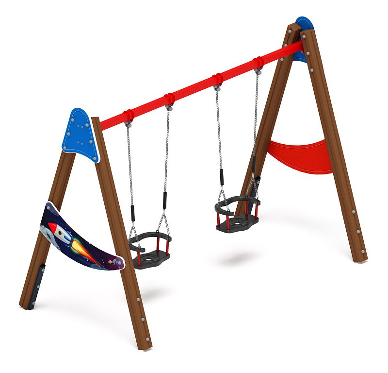 Качели двойные Д2 - ИО 12.Д.01.01.02-И1 - (Космопорт) Габариты (ШхДхВ): 3050x1600x2230 Зона безопасности, мм: 3050х6950 Возрастные ограничения от 3 лет, весом не более 70 кг